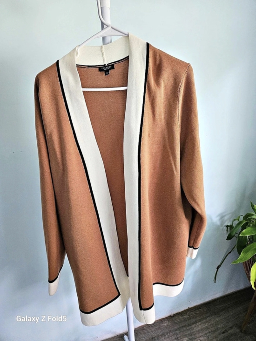 Talbots Cotton Colorblock Open Front Cardigan Brown & White 2XP - Picture 2 of 10